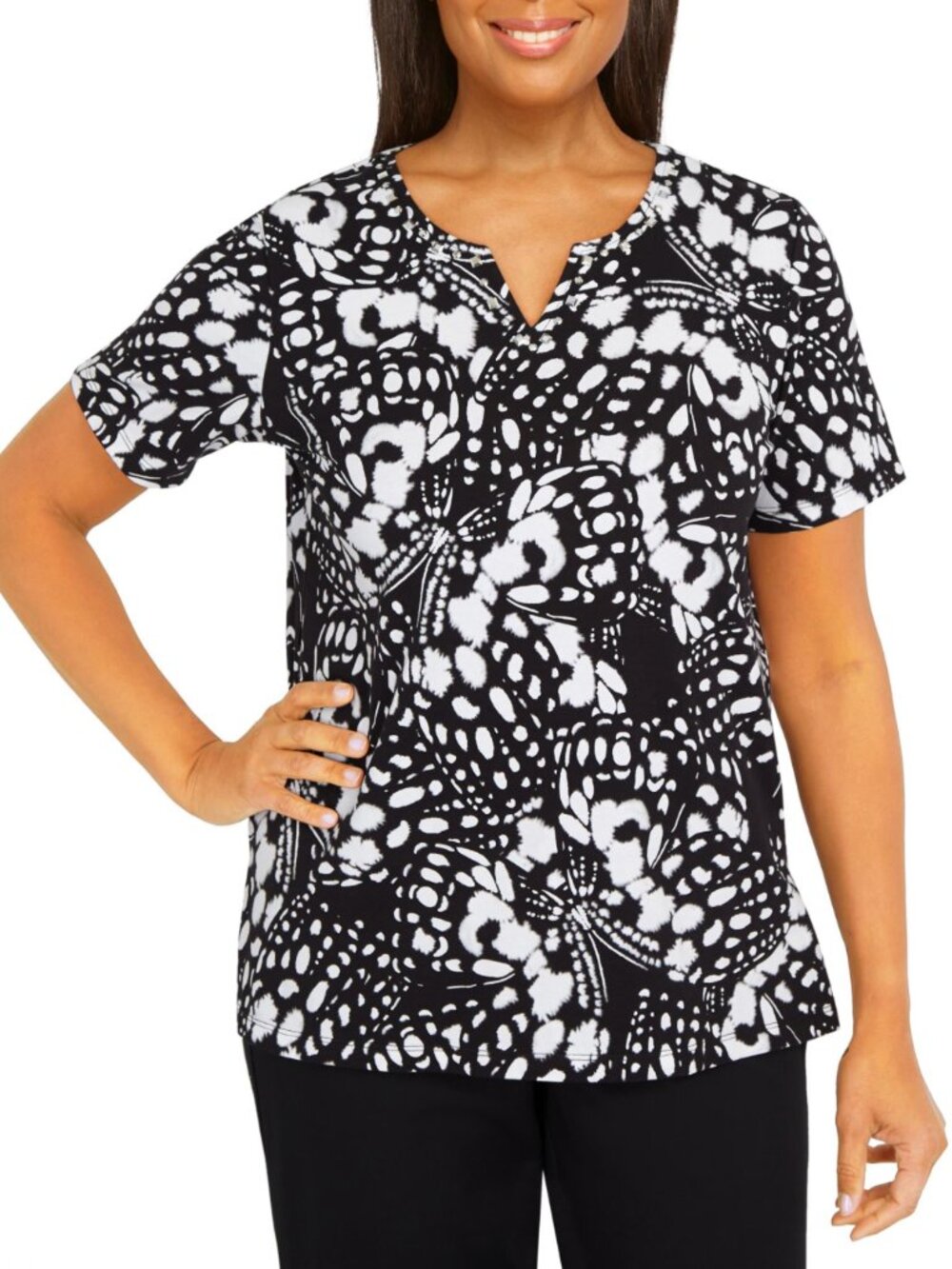 ALFRED DUNNER Plus Size Abstract Butterfly Split Neck Top Black Short Sleeve 3X